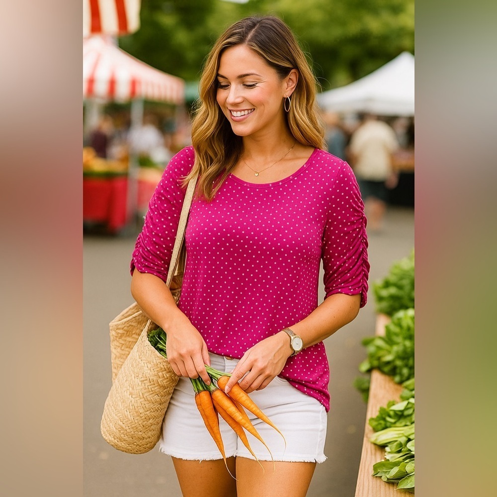 ISAAC Mizrahi Live polka dot pink rouched elbow sleeve XL top